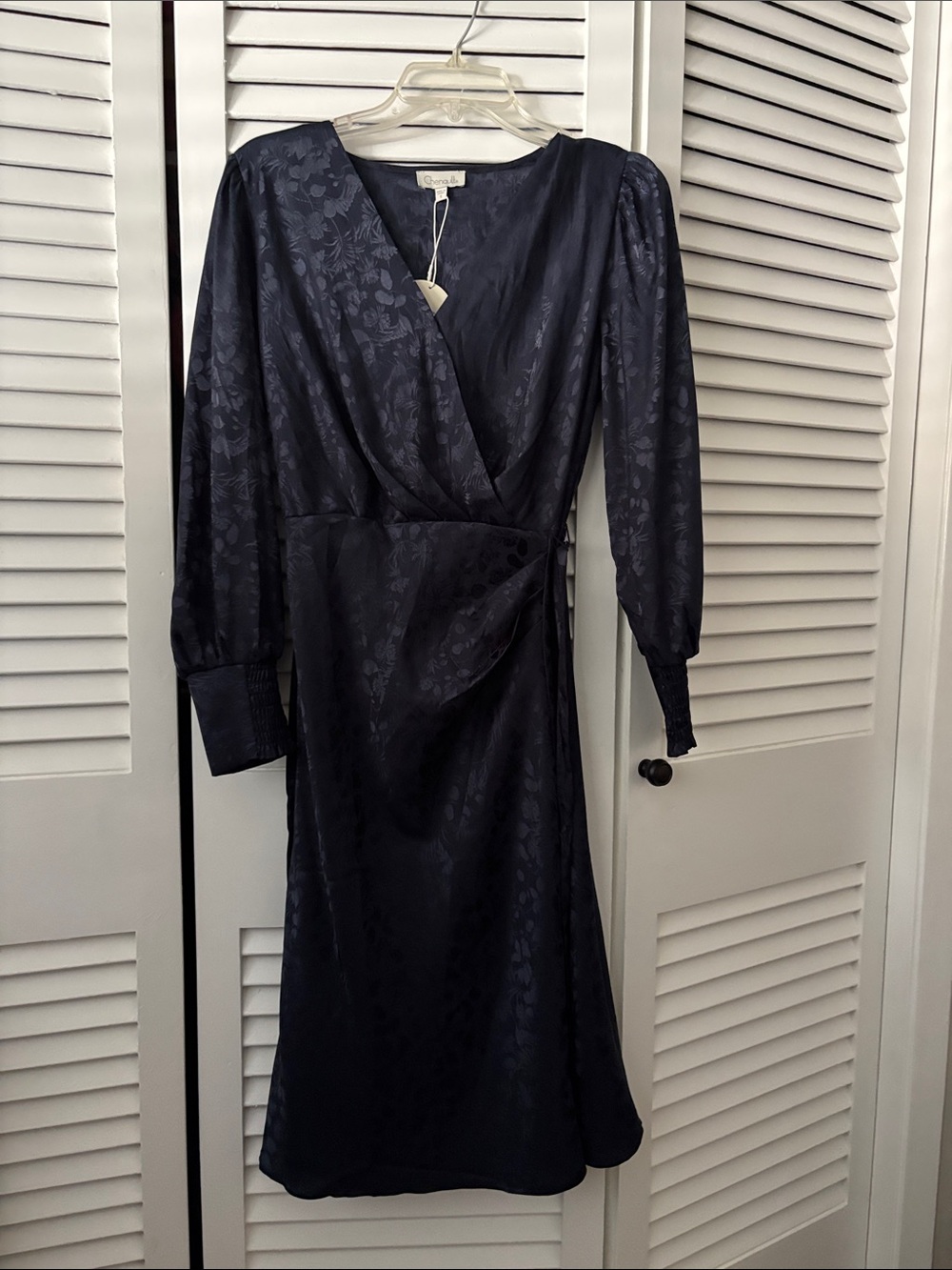 Chenault Navy Jacquard Wrap Dress with Smocked Cuffs